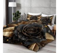 Couette Floral Roses Diamants De Cristal 220x240cm, Couette 4 Saisons sans Housse Art, Microfibre Douce et Légère, Couettes Matelassée Imprimée pour Décoration De Chambre, Noir Or Édredon Lavable