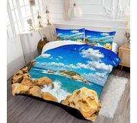 Couette Îles Rocheuses Douce et Confortable Couette Matelassée Paysage Côtier Édredon Légère en Polyester avec d’Oreiller 65x65 cm pour lit 2 Personnes 220x240cm Bleu