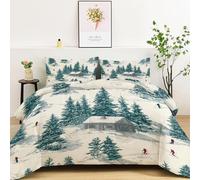 Couette Imprimée 140 x 200 cm Maison Dessinée À La Main Arbre De Lierre Skieur Réversible Couette Forêt D’Hiver 4 Saisons - Blanc Couettes Matelassée, Edredon Couettes sans Houss et 2 Taies d'oreiller