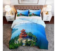 Couette Imprimée 160 x 200 cm Chine Paysage Architecture Tour Couette sans Housse 4 Saisons, Microfibre Douce et Respirante édredon pour Enfant Adulte Decoration Chambre, Bleu