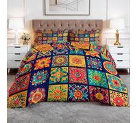 Couette Imprimée 160 x 200 cm pour Lit 2 Personne, Marocain Formes Géométriques Carreaux Fleurs Couette sans Housse 4 Saisons Reversible, Duvet Doux et Chaud pour Allergiques, Couleur
