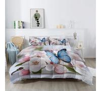 Couette Imprimée 200 x 200 cm - Usine Couette sans Housse 4 Saisons, Fleurs Papillons Réversible Edredon en Microfibre Douce avec 2 Taies d’Oreiller pour Enfant Adulte, Blanc