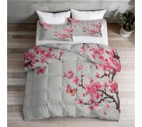 Couette Imprimée 200 x 200 cm - Usine Couette sans Housse 4 Saisons, Papillons Branches De Prunier en Fleurs Réversible Edredon Microfibre avec 2 Taies d’Oreiller pour Enfant Adulte, Gris Clair