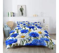 Couette Imprimée 220 x 240 cm - Usine Couette sans Housse 4 Saisons, Aquarelle Fleurs Sauvages Marguerites Réversible Edredon en Microfibre avec 2 Taies d’Oreiller pour Enfant Adulte, Blanc Et Bleu