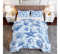 Couette Imprimée 240 x 260 cm Animaux Rayures Étoiles De Mer Coquillages Couette sans Housse 4 Saisons, Microfibre Douce et Respirante édredon pour Enfant Adulte Decoration Chambre, Bleu