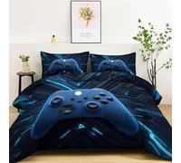 Couette Imprimée 240 x 260 cm Bleu Noir Couette 4 Saisons 3D Jeu Géométrique Manette Couettes Réversible Douce et Confortable et 2 Taie d'oreiller 65x65 cm Lavable en Machine