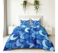 Couette Imprimée 4 Saisons 140 x 200 cm Abstrait Lune Bleue Motif Vagues Parure de Lit 3 Pièces, Géométrique Bloc Couleur Microfibre Legere Douce - Couette sans Housse avec Matelassage Losanges