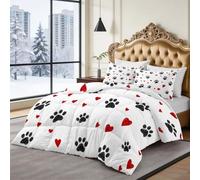 Couette Imprimée 4 Saisons 240 x 260 cm Empreintes Pattes Chien Motif En Forme Cœur Parure de Lit 3 Pièces, Microfibre Anti-Acariens - Conception Sans Housse avec Matelassage Losanges, Couleur Claire