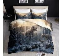 Couette Imprimée 4 Saisons Dinosaure Montagnes enneigées Forêt de pins | Édredon Réversible Sans Housse Inspiré de la nature Couverture Respirante, Super Douce, 2 Taies 65x65cm Blanc