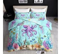 Couette Imprimée 4 Saisons Poulpe Tortue de mer Méduses260 x 240cm | Édredon Réversible Sans Housse Inspiré de la nature Couverture Respirante, Super Douce, 2 Taies 65x65cm Bleu clair