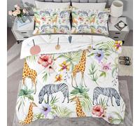 Couette Imprimée Animaux de la jungle et fermes 220x240 cm pour 2 Personnes 4 Saisons, Légère et Chaude, Zèbre, girafe, fleurs Edredon Légère Réversible 2 Taies d'Oreiller, Lavable en Machine G5