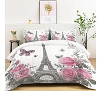 Couette imprimée Blanc, Legère Chaude Parure de lit Motif Dessin Animé Tour Eiffel Fleur Papillon, 200 x 200 cm Douce 4 Saisons Couette Set pour Enfants Adolescents et Adultes Chambre décoration