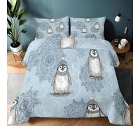 Couette imprimée Bleu Clair, Legère Chaude Parure de lit Motif Dessin Animé Mandala Pingouin Flocon De Neige, 220 x 240 cm Douce Couette Set pour Enfants Adolescents et Adultes Chambre décoration
