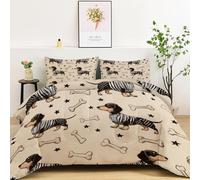 Couette imprimée Brun Clair, Legère Chaude Parure de lit Motif Dessin Animé Os Étoile Teckel, 220 x 240 cm Douce 4 Saisons Couette Set pour Enfants Adolescents et Adultes Chambre décoration