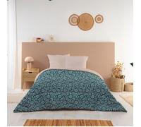 Bleu Calin Couette Imprimée Chaude Omara 220x240cm Lit 2 Places - Microfibre - Édredon 350g/m² - Fabriqué en France - Bleu Paon/Beige