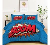 Couette Imprimée Dessin Animé Bande Dessinée Motifs De Lettres - Réversible Toutes Saisons 200x200cm avec 2 Taie d'Oreiller 65x65 cm, 2 Personne Edredon Anti Allergie Bleu Rouge Couette sans Housse