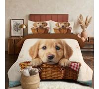 Couette Imprimée Sans Housse 240X220Cm Portrait Chiot Campagne | Couette 4 Saisons Lavable, Léger Chaud, Édredon Réversible Doux Jolies Empreintes Pattes Panier Osier Beige Avec 2 Taies D'Oreiller