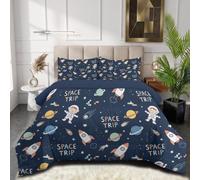 Couette Imprimée Sans Housse 260X240Cm Thème Spatial Astronaute | Couette 4 Saisons Lavable, Léger Chaud, Édredon Réversible Doux Dessin Animé Planète Lettre Bleu Marine Avec 2 Taies D'Oreiller
