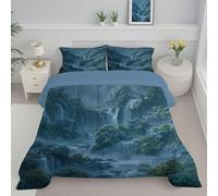 Couette Légère 240x220cm 4 Saisons Paysage De Cascade Couette Réversible Eaux Claires Des Montagnes Vertes Couverture Douceur et Confort Édredon Sans Housse avec Taies d'oreiller 65x65 cm, Vert Foncé