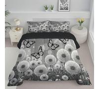 Couette Légère 240x220cm 4 Saisons Pissenlits Et Papillons Couette Réversible Fleurs Sauvages De Dessin Animé Couverture Douceur et Confort Édredon Sans Housse avec Taies d'oreiller 65x65 cm, Gris
