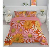 Couette Légère D'Été 140X200Cm, Couette Imprimée Marguerite Rétro 1 Personnes, Edredon Rose Orange Réversible avec Taies d'oreiller - Affiche Fleur des Années 70 - Lavable en Machine