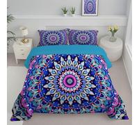 Couette Légère D'Été 200X200Cm, Couette Imprimée Mandala Floral 2 Personnes, Edredon Bleu Royal Réversible avec Taies d'oreiller - Hippie Bohème - Lavable en Machine