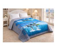 Couette légère été 220x240 MORTREUX - Imprimé Dauphins / Uni gris clair, microfibre 200 g/m²