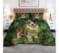 Couette Matelassée 140 x 200 cm Corgi avec Langue Rose 4 Saisons pour Chambre De L’Amateur D’Animaux Chambre D’Enfant, Animaux De Dessin Animé Couette Réversible Légère Enfants Couettes sans Housse