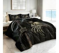 Couette Matelassée 140 x 200 cm Horreur Ténèbres Mort Squelette Couette Imprimée 4 Saisons en Microfibre Duvet Legere et Chaude, Edredon pour Lit 1 Personne avec 2 Taies d'oreiller 65x65 cm, Noir