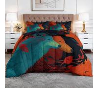 Couette Matelassée 160 x 200 cm Créatures Fantastiques Loups Imprimée Couette sans Housse, Bleu Orange Couettes 4 Saisons 2 Personnes, Réversible Lavable en Machine Couette et 2 Taie d'oreiller