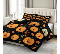 Couette Matelassée 160 x 200 cm Dessin Animé Halloween Citrouille Imprimée Couette sans Housse, Couleur Orange Couettes 4 Saisons 2 Personnes, Lavable en Machine Couette et 2 Taie d'oreiller