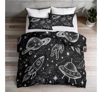 Couette Matelassée 200 x 200 cm, Fusée Astronaute OVNI Corps Céleste Étoile Réversibles Housses de Couettes, Cartoon Univers Parure de Lit avec 2 taies d'oreiller pour Fille Garcon Enfant, Gris Foncé