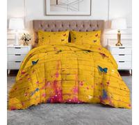 Couette Matelassée 220 x 240 cm Mur De Briques Jaunes Papillons Colorés 4 Saisons pour Chambre D’Enfant Dortoir Universitaire, Pop Art Couette Réversible Légère Adolescents Couettes sans Housse