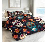 Couette Matelassée 220 x 240 cm Tradition Jour Des Morts Fleurs Couette Imprimée 4 Saisons en Microfibre Duvet Legere et Chaude, Edredon pour Lit 2 Personne avec 2 Taies d'oreiller 65x65 cm, Couleur