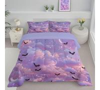 Couette Matelassée Chauve-Souris Noire 140x200cm Couette Ciel Romantique Légère en Polyester pour lit 1 Personne Édredon sans Housse et 1 Taies d'oreiller 65x65 cm pour 4 Saisons, Violet
