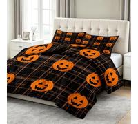 Couette Matelassée Imprimée 4 Saisons 220 x 240 cm Halloween Grille Géométrique Citrouille Couette sans Housse 2 Personnes, Edredon Réversible Douce Lavable en Machine, Couleur Orange