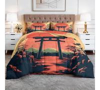 Couette Matelassée Imprimée 4 Saisons 240 x 260 cm Japonais Architecture Porte Torii Coucher Soleil Couette sans Housse 2 Personnes, Edredon Réversible Douce Lavable en Machine, Couleur Orange