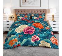 Couette Matelassée Imprimée 4 Saisons Fleurs Élégantes Dessinées La Main 140 x 200 cm Douce Léger et Chaud Couette sans Housse 1 Personnes, Edredon Réversible pour Grand Lit et Couple, Bleu Marine