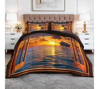 Couette Matelassée Imprimée 4 Saisons Paysage Architecture Coucher Soleil 200 x 200 cm Douce Léger et Chaud Couette sans Housse 2 Personnes, Edredon Réversible pour Grand Lit et Couple, Couleur Orange