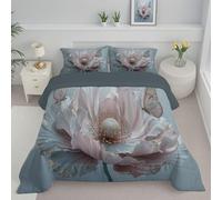 Couette Matelassée Papillon Grande Fleur 260x230cm Couette Fleurs Fantastiques Légère en Polyester pour lit 2 Personnes Édredon sans Housse et 2 Taies d'oreiller 65x65 cm pour 4 Saisons, Gris Clair