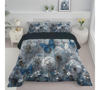 Couette Matelassée Pissenlit 3D 260x230cm Couette Fleurs De Papillon Légère en Polyester pour lit 2 Personnes Édredon sans Housse et 2 Taies d'oreiller 65x65 cm pour 4 Saisons, Gris-Bleu