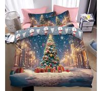 Couette Noël 220x240cm cm avec 2 Taies, Housse de Couette rues de la ville, Linge de Lit Microfibre Douce, Fermeture Éclair, Lavable en Machine, Décoration Chambre Fêtes,Paysage nocturne d'hiver