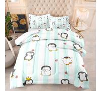 Couette Pingouin Bleu Fraise Edredon Polyester Respirante Couette Tres Chaude 2 Personnes Lavable Couette Imprimée 200x200 4 Saisons Epaisse Édredon+2 Taies d'oreiller(50x75cm)