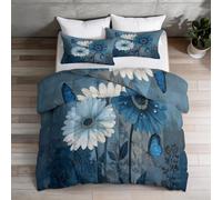 Couette Rétro 220 x 240 cm 4 Saison, Réversible Parure lit Motif Fleurs Marguerites Papillons Herbe, Bleu Lavable en Machine Couette sans Housse avec 2 Taies d'oreiller pour Adolescents Adultes