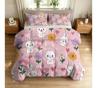 Couette Réversible 140 x 200 cm Dessin Animé Animaux, Couette 4 Saisons Hypoallergénique, Respirante et Super Douce, Mignon Lapin Blanc Fleurs Cœur - Édredon Matelassé avec 2 Taies d'oreiller
