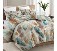 Couette Réversible 140x200 cm Rétro Plumes Dégradé Couette 4 Saisons Hypoallergénique Matelassée Dessus De Lit Boutis Couvre-Lit Couverture Édredon Chaude Imprimée Beige Bleu