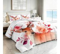 Couette Réversible 200 x 200 cm Couette 4 Saisons sans Housse Rose, Aquarelle Animaux Cerfs Fleurs Cerisier Edredon Couettes Matelassée Imprimée Chaude avec 2 Taies d'oreiller Pour Garçons et filles