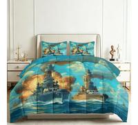 Couette Réversible 240 x 260 cm Bataille Navale Navire Guerre Explosant Couette 4 Saisons, Art Fantastique Hypoallergénique Matelassée Couettes sans Housse, Couvre-Lit Édredon Chaude Imprimée