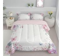 Couette Réversible Fleurs De Papillon pour lit 2 Personnes Couette sans Housse Bordure Florale Ultra Douce Lavable en Machine avec Taies d'oreiller pour Toutes Saisons, Rose, 260x230cm