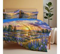 Couette Réversible Fleurs Sauvages Vallée Coucher De Soleil Pour Lit 2 Personnes | Couette Sans Housse Scène Pastorale Printanière Lavable Avec Taies D'oreiller Pour Toutes Saisons, Violet, 220x240cm